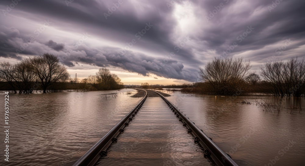 Fototapeta premium Flooded railway tracks curving through submerged landscape under dramatic stormy sky at sunset with bare trees