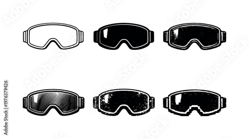 Snowboarding Goggles Variants. Snowboarding goggles with large panoramic lens and secure adjustable strap, used for eye protection