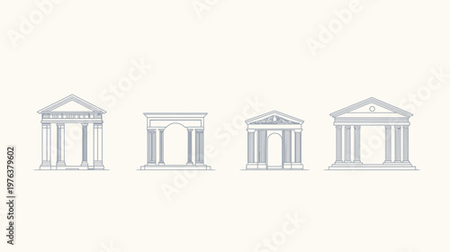 Gray line drawings of four classical architectural structures. Different temple designs on a plain background