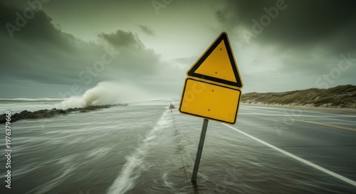 Yellow Blank Warning Sign Standing on Flooded Coastal Road During Stormy Weather with Crashing Ocean Waves