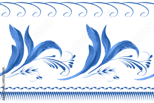 Vector floral seamless border pattern from hand painted blue leaves and herbs on a white background