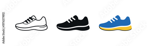 gym routine context identical running shoe icons appear arranged left to right with consistent sole curve and lace panel