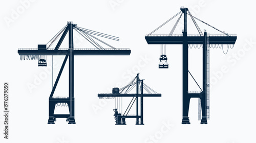 Silhouetted illustration of three industrial cranes, used for loading and unloading cargo