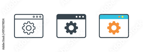 Software Workflow Icons. software engineering workflow context identical application window with gear icons appear arranged left
