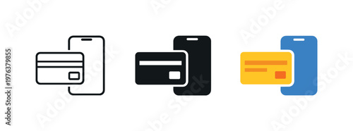 fintech service ecosystem context identical credit card with smartphone icons appear arranged left to right with consistent card