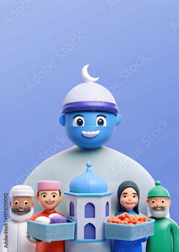 Colorful Cartoon Family with Food