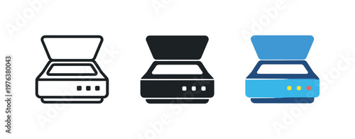 document digitization workflow context identical scanner device icons appear arranged left to right with consistent lid outline
