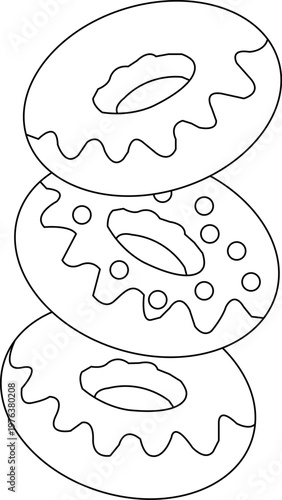 Minimalist donut line art illustration, stacked sweet doughnuts with icing and sprinkles, black and white food coloring page vector