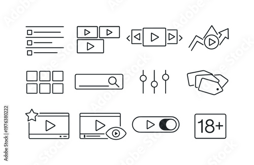 Line style vector icons of video streaming platform content discovery: content feed, video thumbnails, recommendation carousel,