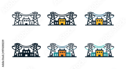 Concept illustrating national power network through a substation structure paired with connected pylons and subtle current flow