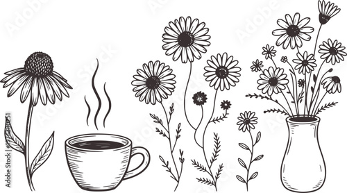 Hand drawn of daisy flowers in a vase and a cup of steaming coffee