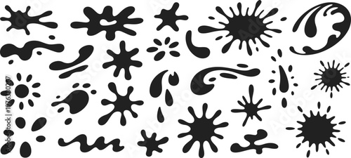 Collection of paint splatter icons vector set, ink splash stains silhouettes isolated, abstract liquid blot shapes, grunge design elements pack