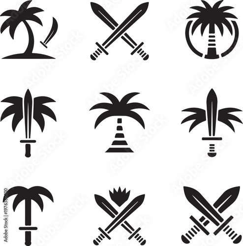 Tropical Palm and Sword Silhouettes