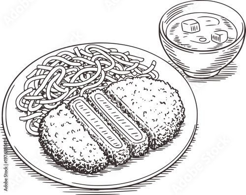 Hand drawn of Japanese katsu curry with noodles and miso soup a white background