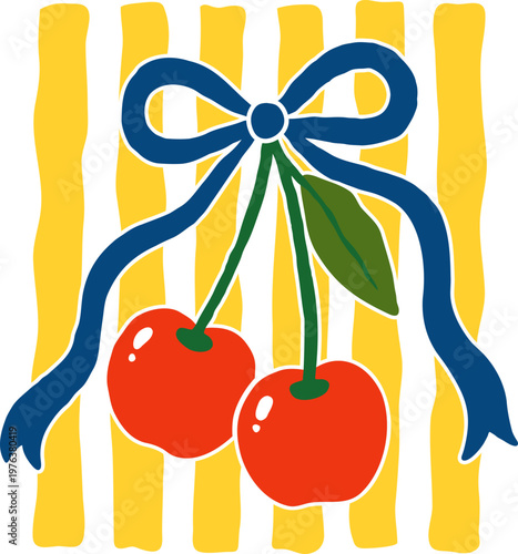 Cherry Illustration with Blue Bow on Yellow Striped Background in Coquette Style with Mediterranean Aesthetic