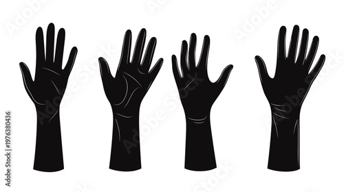 Four black silhouettes of outstretched hands with visible fingers and forearms on a white background