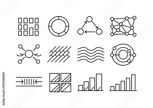 Line style vector icons of payment processing analytics and reporting: frequency tile, interval ring, transition node,