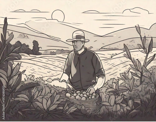 Man wearing hat walking through field with plants in foreground.