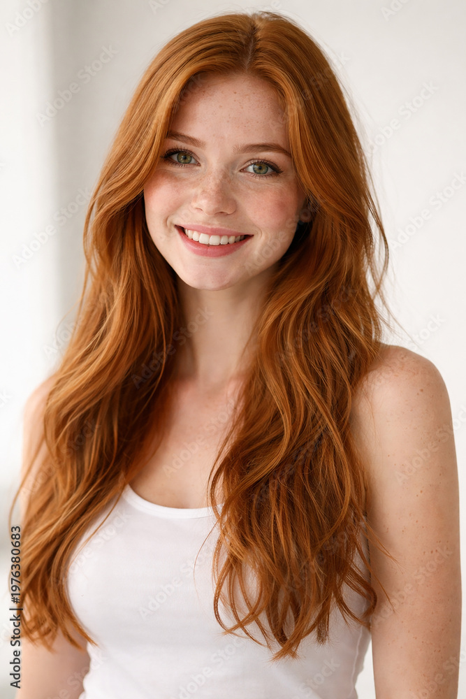 Naklejka premium A beautiful young redhead with green eyes and a warm smile poses in a white tank top. Perfect for themes of natural beauty, happiness, and youthful charm.
