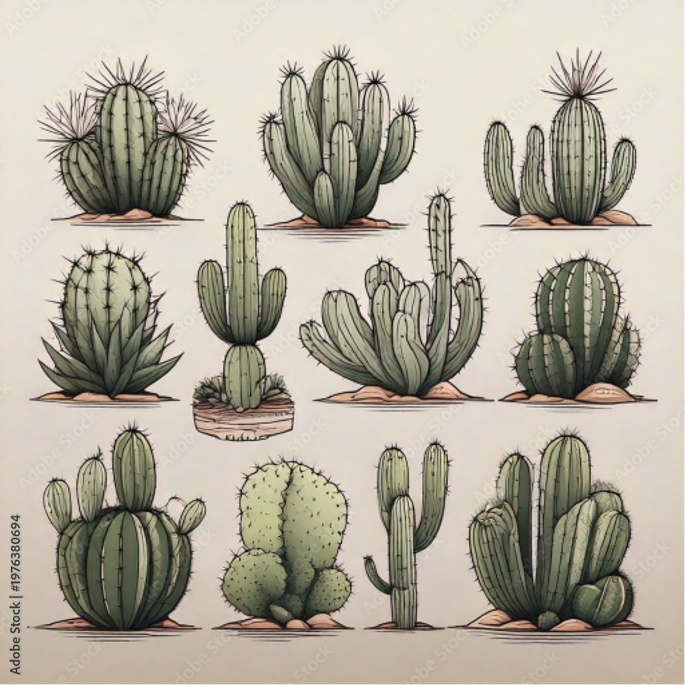 Fototapeta premium Collection of various desert cactus plants in a grid layout.