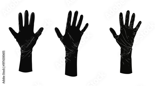 Three hands silhouetted in black with white lines on a white background, suggesting glove textures