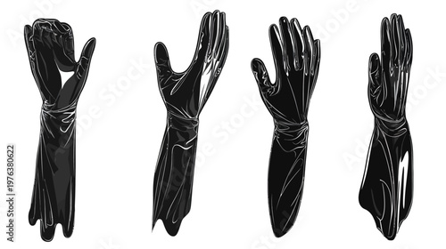 A black and white illustration of four hands, each wearing a long, shiny glove, various poses