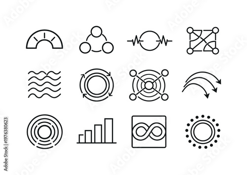 Line style vector icons of smart home entertainment devices: interval arc, cycle node, pulse node, phase mesh, wave tile,
