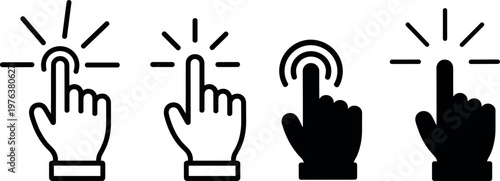 Hand tap and click gesture icons with signal lines, outline and solid styles for mobile interface and web interaction design
