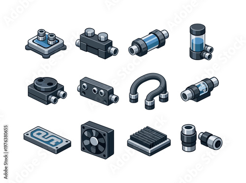 Isometric vector icons of liquid cooling: coolant block, valve module, coolant filter, coolant reservoir, pump head, manifold