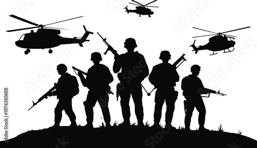 Silhouette of military army soldiers squad holding rifles on grassy hill, with flying combat helicopters, war concept vector graphic design.