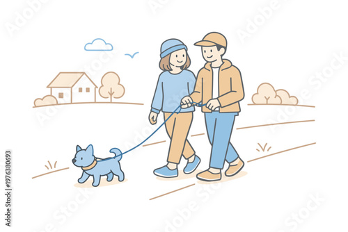 Couple walking dog together along quiet neighborhood path, two people holding leash and strolling calmly beside small dog,