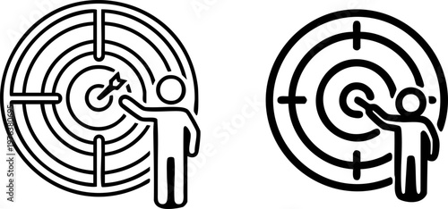 Business target icon set with person reaching for goal, black line art vector of professional aiming for success, marketing strategy and objective symbols
