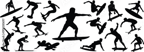 Skateboarding silhouettes collection vector illustration isolated on white background extreme sport action poses set for logo design branding concept