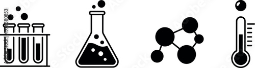 Science laboratory icons set including test tubes flask molecule and thermometer, solid black vector symbols for chemistry and research design