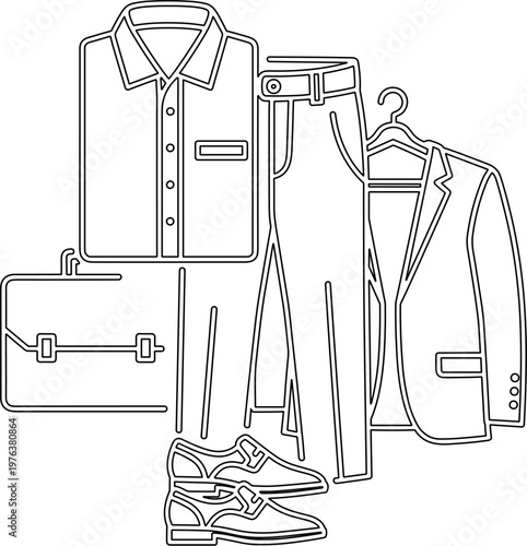 Minimalist line art businessman writing on clipboard, professional manager taking notes vector, corporate employee character in suit outline