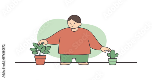 Calm person pauses while arranging desk plants checking balance as the surface remains open and uncluttered | scene of person