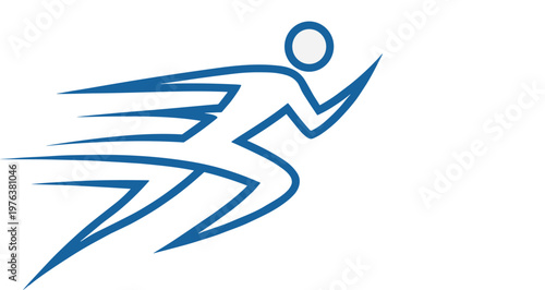 Dynamic running man logo, blue minimalist sprinter silhouette with speed lines, athletic motion vector icon for sports and fitness branding