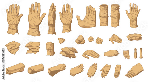 A collection of pixelated hands and wrapped shapes of varying sizes, presented on a white background