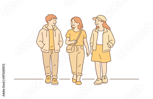 Friends walking sunny street side by side and chatting casually with relaxed smiles, minimalist flat vector illustration with