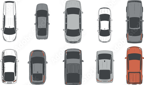 Top view cars collection, various vehicle types including sedan, SUV and pickup isolated on white background detailed transport illustration set