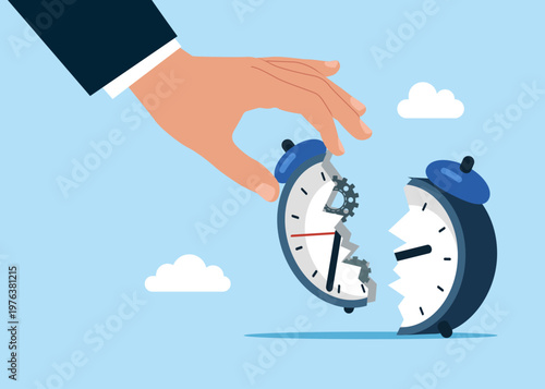 Businessman steal side of the time clock. Work deadline or time management. Flat vector illustration