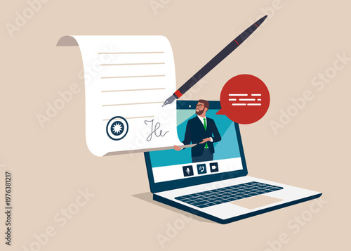 Businessman with signing digital contract, electronic business paper online. Certifying, validating agreement, verifying. Flat vector illustration