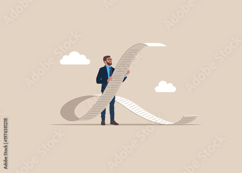 Businessman or editor grammar check and text errors. Teacher reviewing, editing mistakes in document. Spelling improvement in writing. Big receipt with expenses. Flat vector illustration