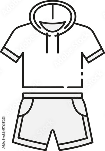 Minimalist sports apparel icon, hooded short sleeve shirt and athletic shorts vector, modern fitness clothing line art illustration