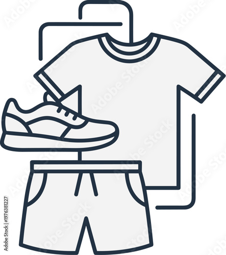 Minimalist sports uniform icon with jersey and shorts, black line art soccer kit vector, athletic apparel symbol for team sports and fitness