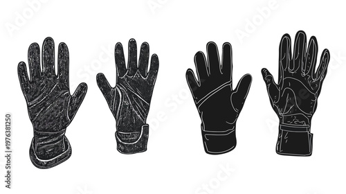 Four black gloves with varying textures and styles on a white background, isolated and outlined