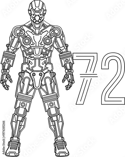 Futuristic cyborg warrior line art vector, robotic humanoid soldier with number 72, sci-fi mechanical exoskeleton character for coloring book