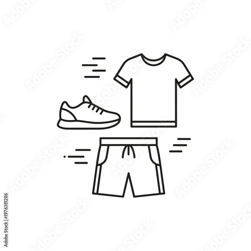 Minimalist sportswear line icon, athletic apparel set with t-shirt and shorts, running shoes and fitness clothing vector illustration