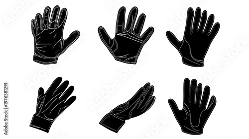 Six black, illustrated gloves shown at different angles against a white background