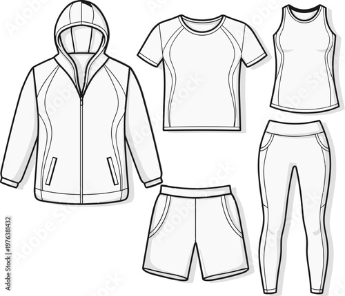 Activewear technical flat sketch collection, 5 piece sportswear apparel vector set, hooded jacket and t-shirt mockup, leggings and shorts template